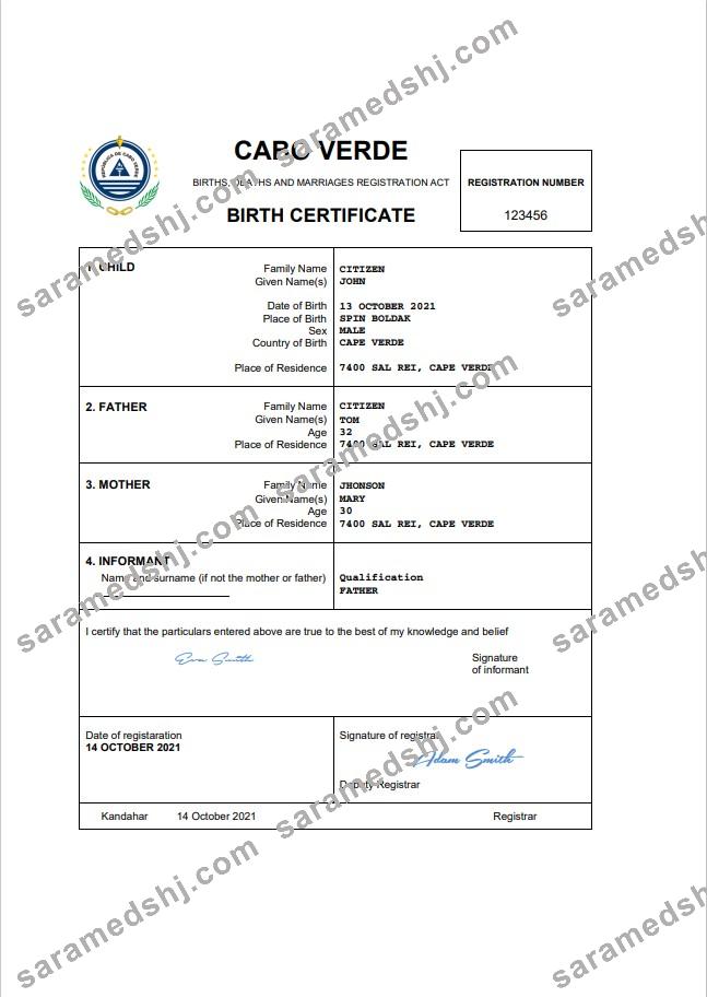 Cabo Verde vital record birth certificate Word and PDF template